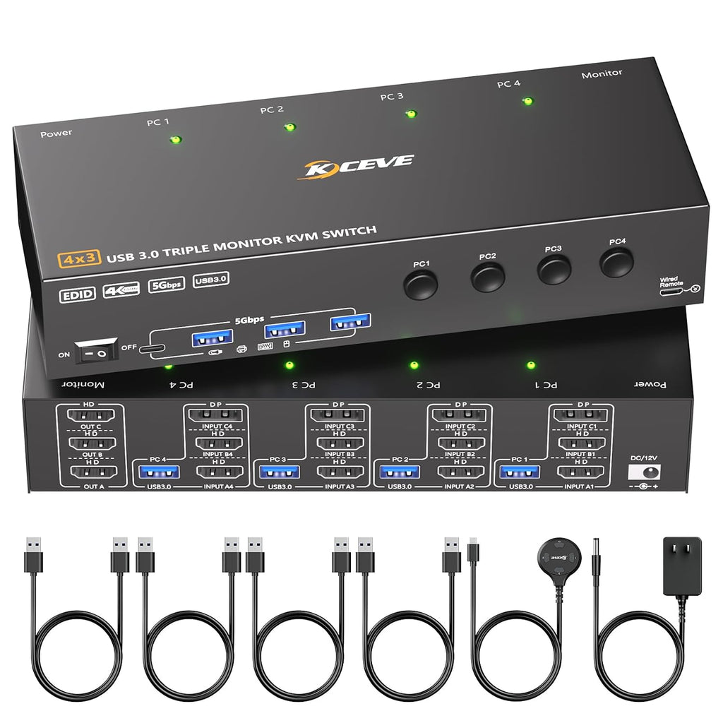 KVM Switch 3 Monitors 4 Computers 4K@60Hz,EDID Simulation,HDMI Displayport Triple Monitor KVM Switch,3 Monitor KVM with 4 USB 3.0 Ports for Keyboard Mouse, Wired Remote and 4 USB3.0 Cables Included