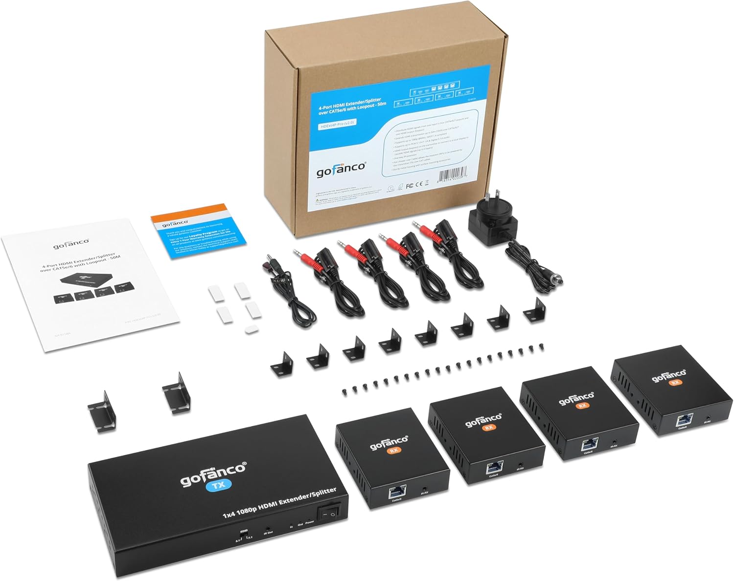 gofanco 1080p 1x4 HDMI Extender Splitter Over CAT5e/6/7 Ethernet Cable - Up to 165ft (50m), HDMI Local Loopout, PoC, EDID, IR Extension, 5.1/7.1ch Audio, Mountable, 1 in 4 Out (HDExt4P-Pro, v2.0)