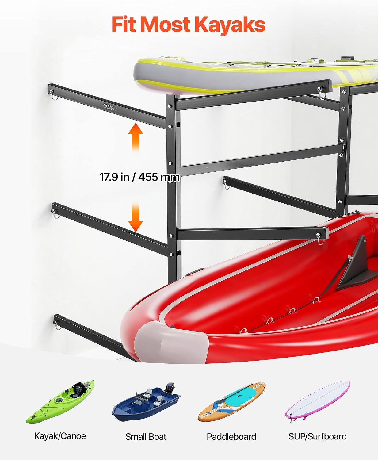 VEVOR Kayak Storage Rack, Heavy Duty Adjustable Freestanding Stand with Lockable Wheels for Indoor Outdoor Garage Shed Dock, Holder for Canoe, SUP, Surfboard & Paddleboard