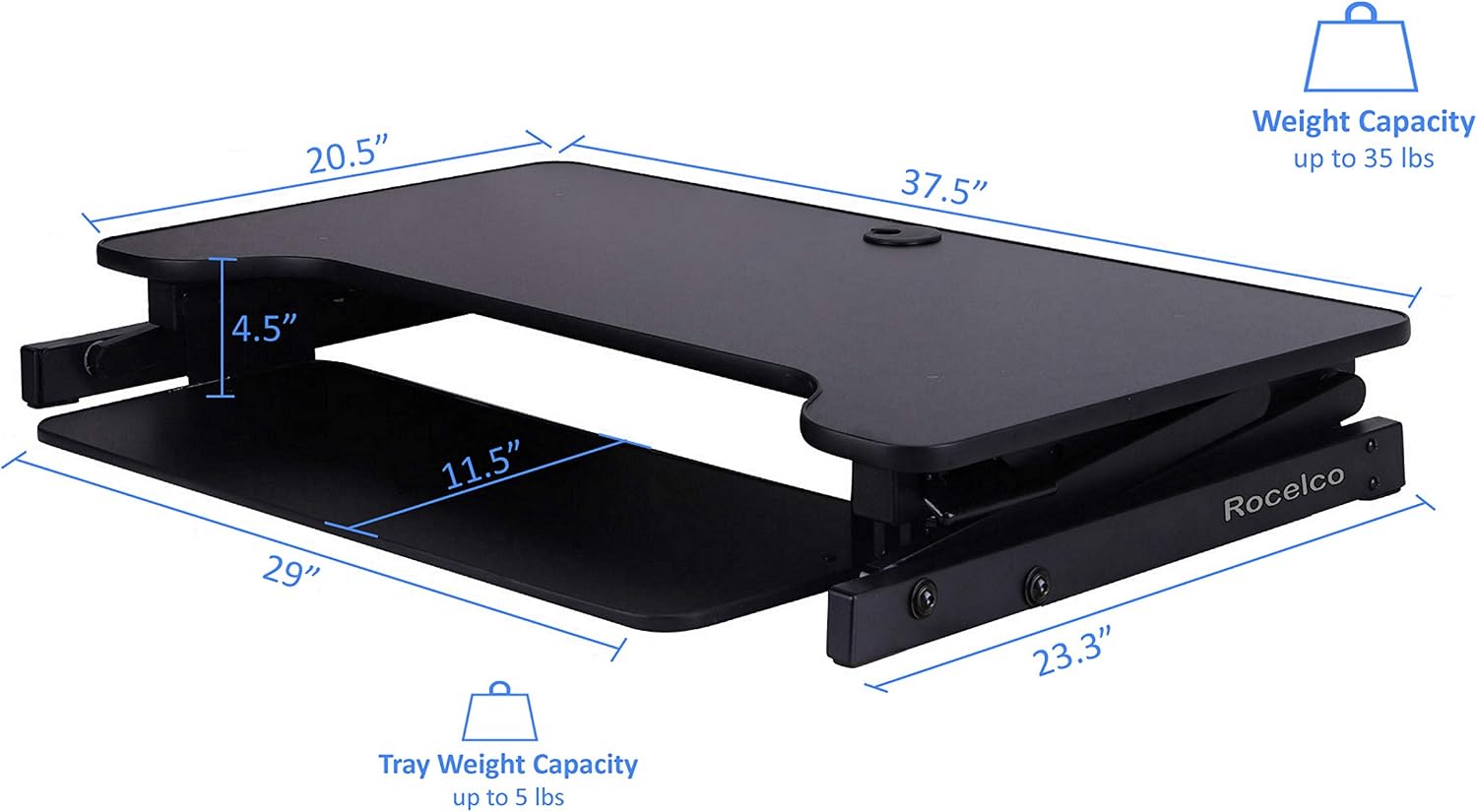 Rocelco 37.5' Deluxe Height Adjustable Standing Desk Converter - Quick Sit Stand Up Dual Monitor Riser - Gas Spring Assist Computer Workstation - Large Retractable Keyboard Tray - Black (R DADRB)