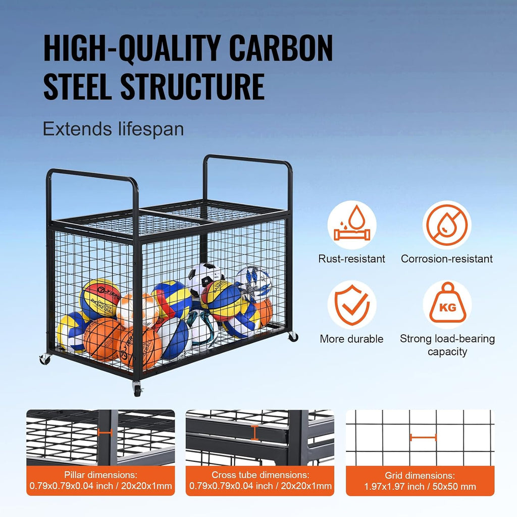 VEVOR Rolling Sports Ball Storage Cart, Lockable Basketball Cage with Double Lids, Sport Equipment Holder Organizer for Indoor Outdoor, Steel Storage Rack for Garages, Playgroup, Gym and Schools