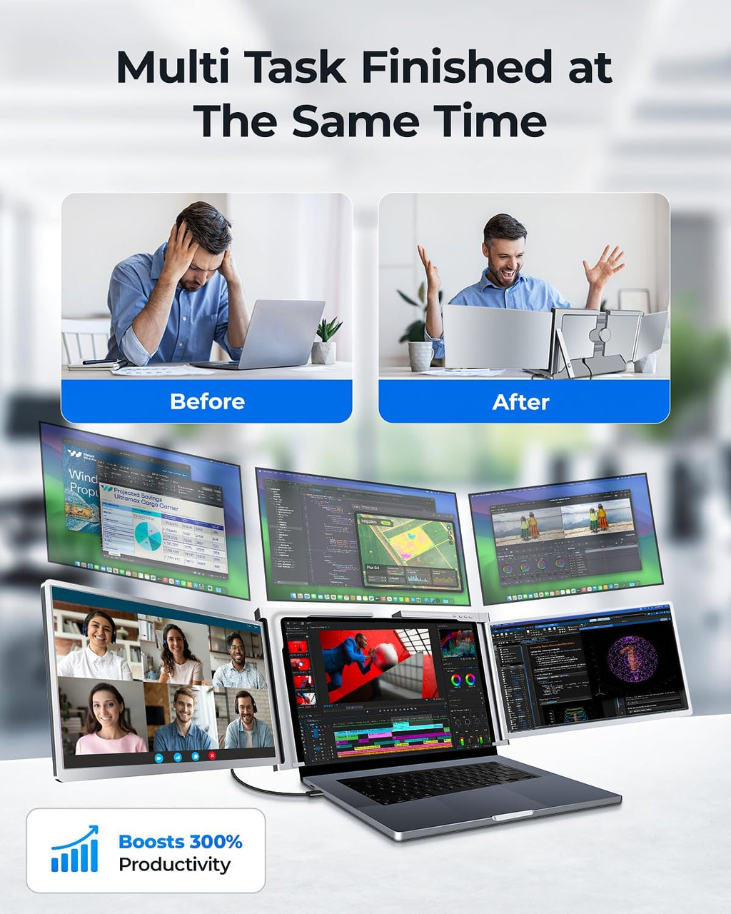 RayCue Triple Laptop Screen Extender,[Only 1 Cable to Connect],14'' FHD 1080P 16:10 USB-C Laptop Screen Extender for Windows MacOS, Plug and Play for 13-17.3'' Type-C/USB-A Laptop