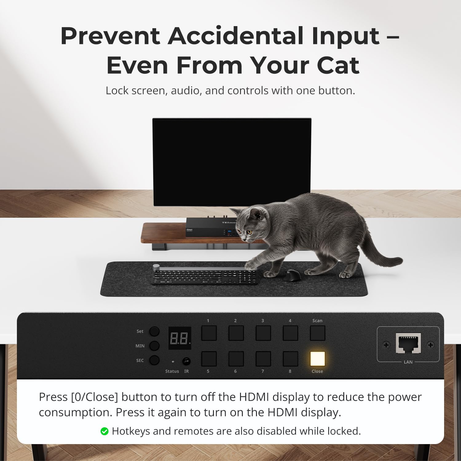 TESmart 8X1 HDMI KVM Switch 8 Port 4K@30Hz, USB2.0 Rackmount KVM Enterprise-Grade EDID Emulator | Hotkey Switch | RS232 | LAN Port | IR Remote | IP Control | Auto Scan | with 8 Pcs 5ft KVM Cable