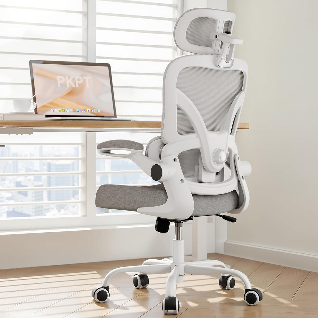 Ergonomic Office Chair, 330LBS Desk Chair with 3-Level Lumbar Support & Headrest, Breathable Mesh Backrest, Flip-Up Armrests for Home Office and Gaming, White