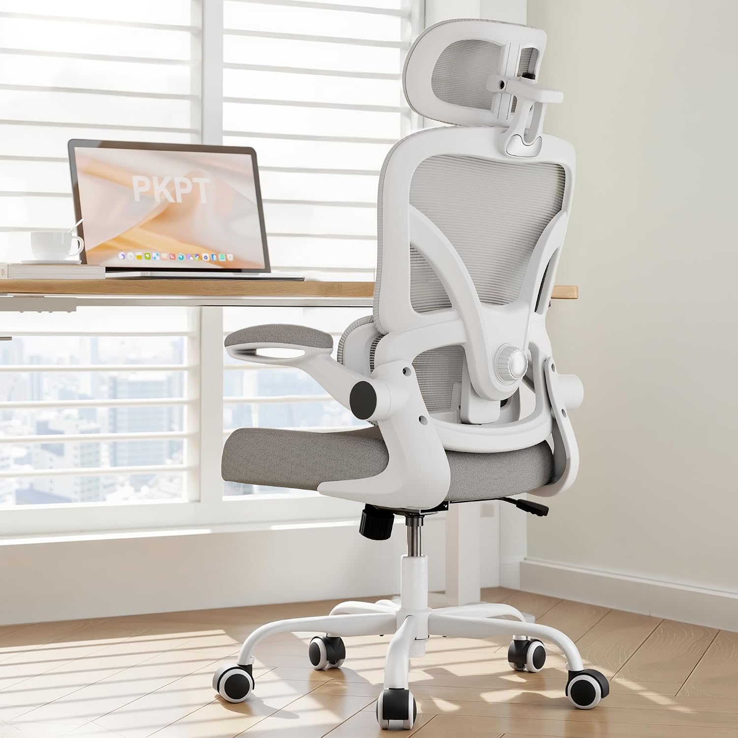 Ergonomic Office Chair, 330LBS Desk Chair with 3-Level Lumbar Support & Headrest, Breathable Mesh Backrest, Flip-Up Armrests for Home Office and Gaming, White