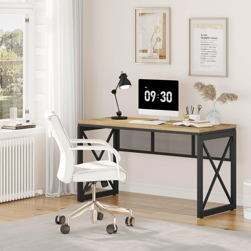 BON AUGURE Farmhouse Computer Desk, Modern Industrial Home Office Desks, Wood Metal Study Writing Table, Sturdy Gaming Desk (Vintage Oak, 54 Inch)
