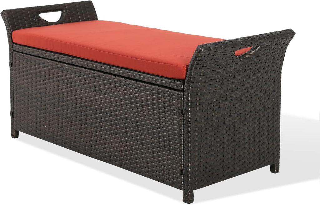 Ulax furniture Outdoor Storage Bench Rattan Style Deck Box w/Cushion