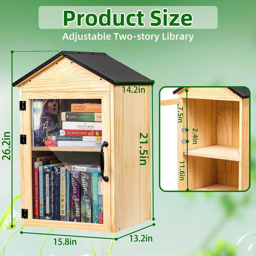 Little Library Box Outdoor, 2-Tier Little Library for Neighborhoods Community School, Weatherproof Solid Wood with Adjustable Shelf & Rust-Proof Hinges, Sharing books, Literature and Newspapers