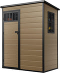 DWVO 5x3FT Outdoor Storage Shed with Fence-Style and Side Windows, Floor, Lockable Doors, Plastic Storage for Backyard and Garden, Brown