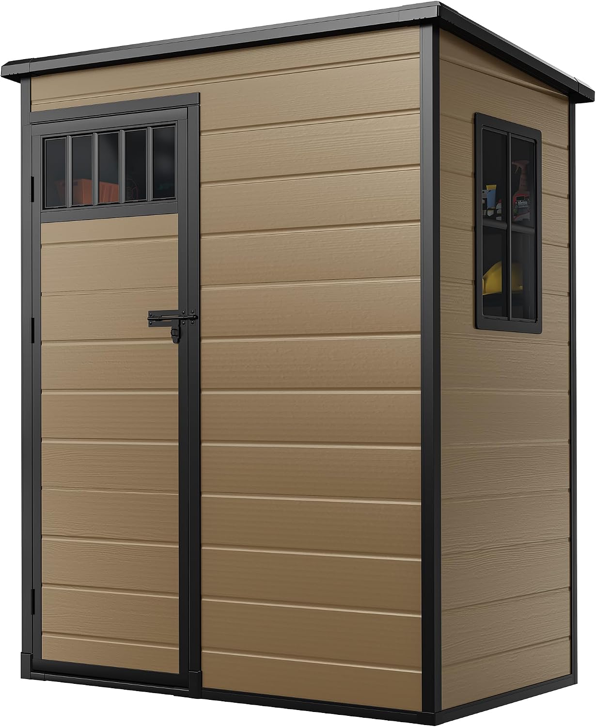 DWVO 5x3FT Outdoor Storage Shed with Fence-Style and Side Windows, Floor, Lockable Doors, Plastic Storage for Backyard and Garden, Brown