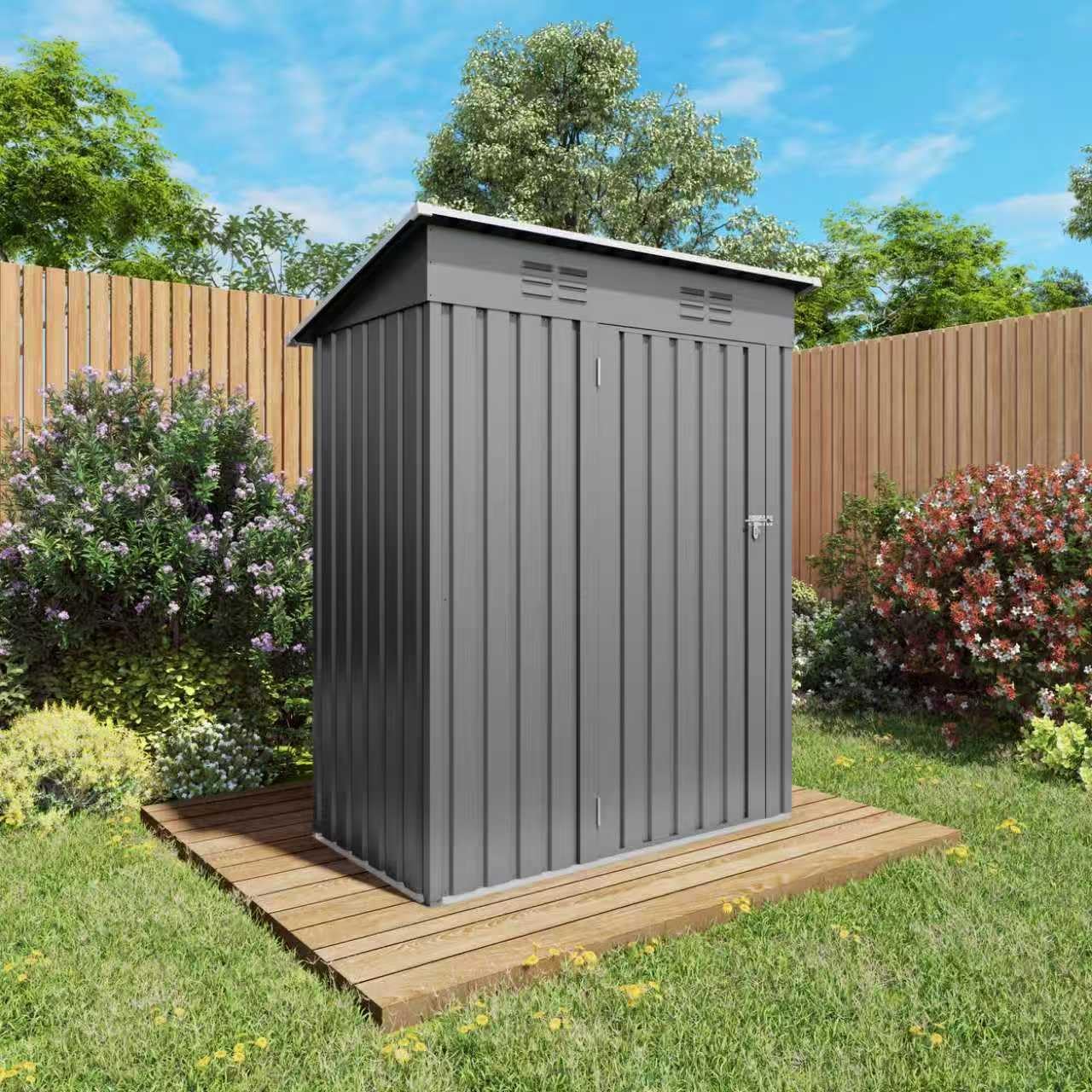 Outdoor Storage Shed 5x3x6FT Pitched Roof, Galvanized Steel Garden Shed with Lockable Door & Window, Waterproof Metal Tool Storage for Garden, Backyard, Patio, Lawn