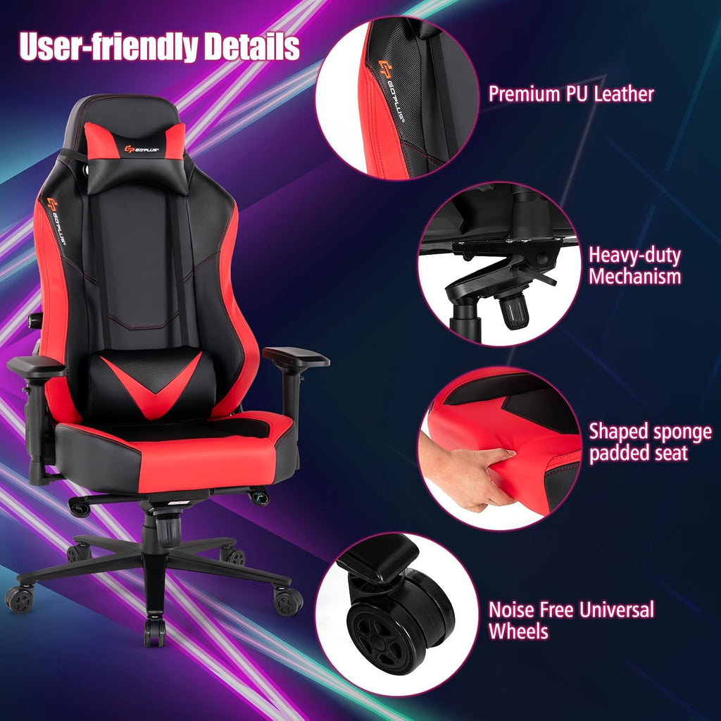 Goplus Gaming Chair, 360° Swivel Computer Chair with Casters, Multi-Angle Reclining, Tension Control, 4D Armrest, Headrest, Gas Lift, Height Adjustable Game Chair for Office, Bedroom, Red