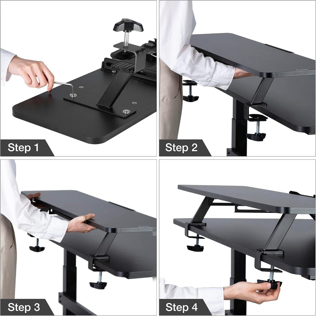 AVLT Clamp Desk Shelf Dual 32' Monitor Clamp-On Monitor Riser With Slide Out Holder For Convertible Laptop Tablet Smartphone (Black) - Floating Monitor Stand (Shelf Only)