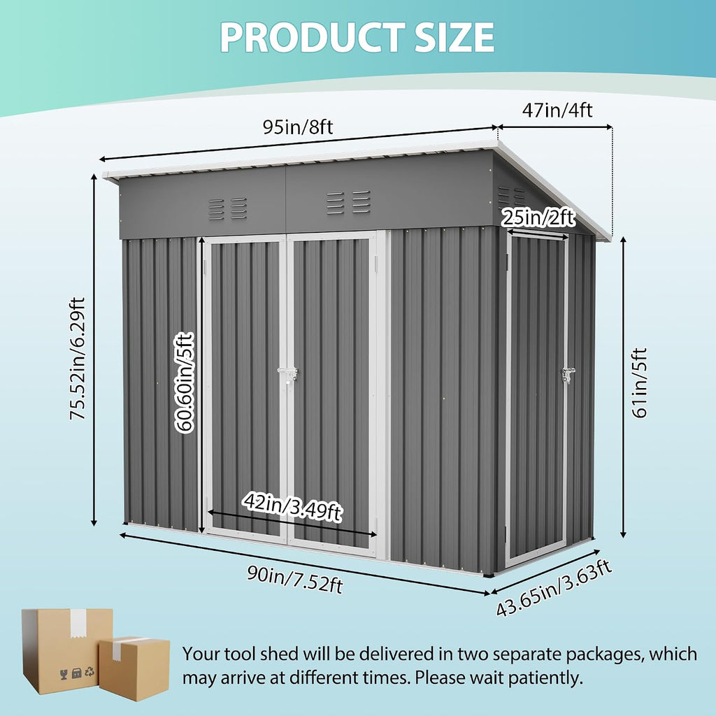 YOPTO 4x8 FT Outdoor Storage Shed with Floor Frame,Metal Shed W/Left/Right Optional Lockable Door,Heavy-Duty Garden Tool Storage House W/ 4 Air Vents & Sloping Roof,for Backyard,Patio,Lawn,Gray