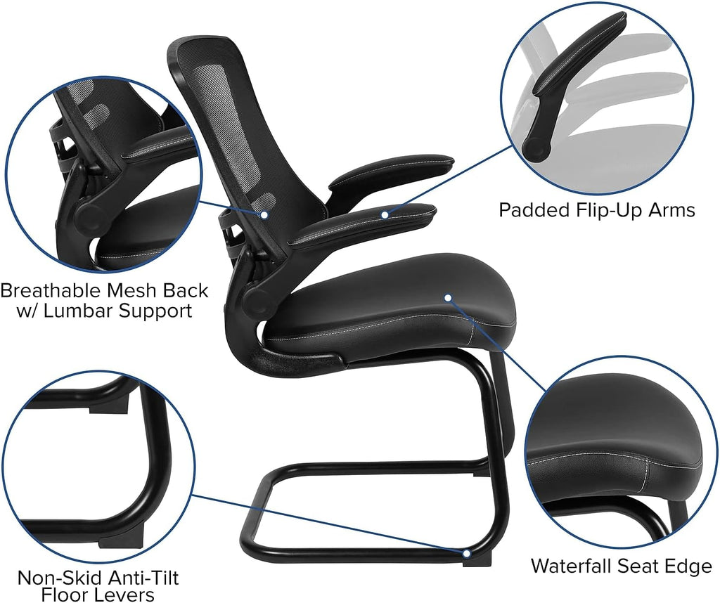 Flash Furniture Kelista Black Mesh Sled Base Side Reception Chair with White Stitched LeatherSoft Seat and Flip-Up Arms