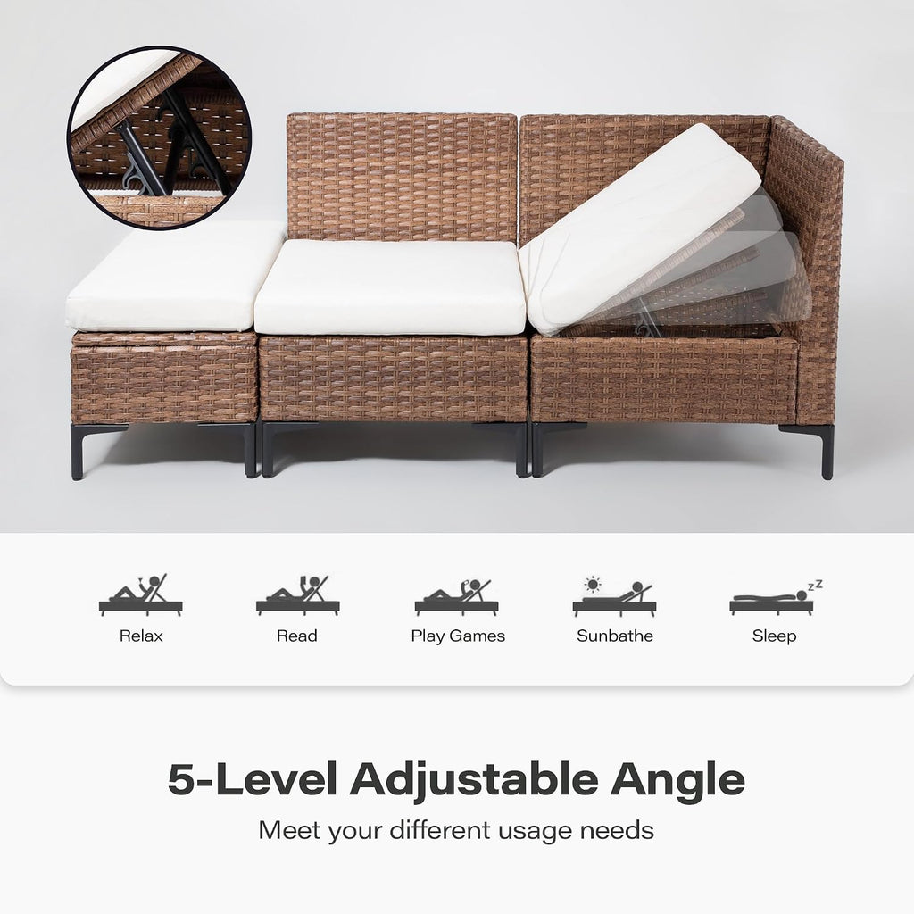 LAUSAINT HOME 8 Pieces Outdoor Patio Furniture Set, PE Wicker Sectional Conversation Sofa with Adjustable Backrests, Storage Ottoman & Wood Table with Umbrella Hole, Beige