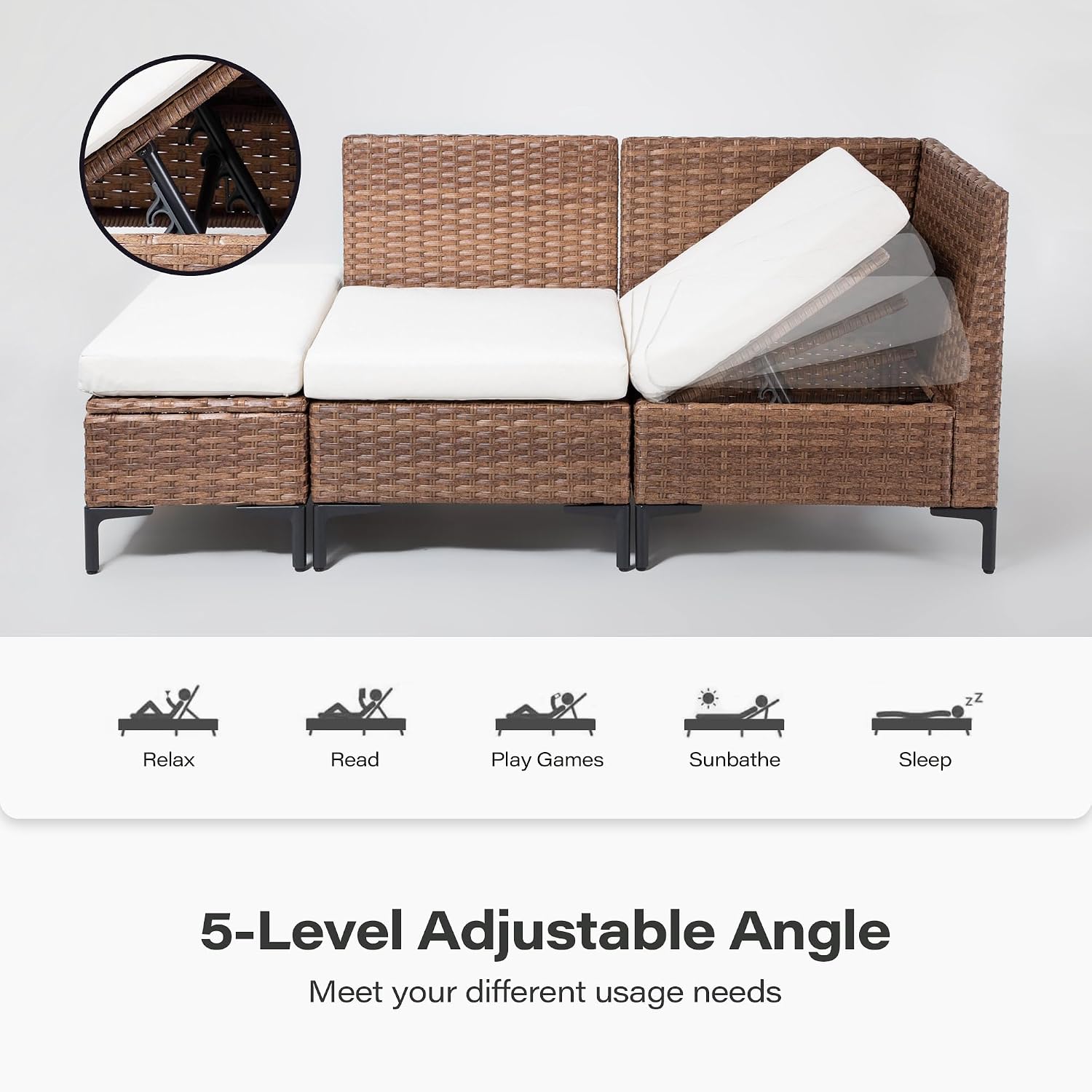 LAUSAINT HOME 8 Pieces Outdoor Patio Furniture Set, PE Wicker Sectional Conversation Sofa with Adjustable Backrests, Storage Ottoman & Wood Table with Umbrella Hole, Beige
