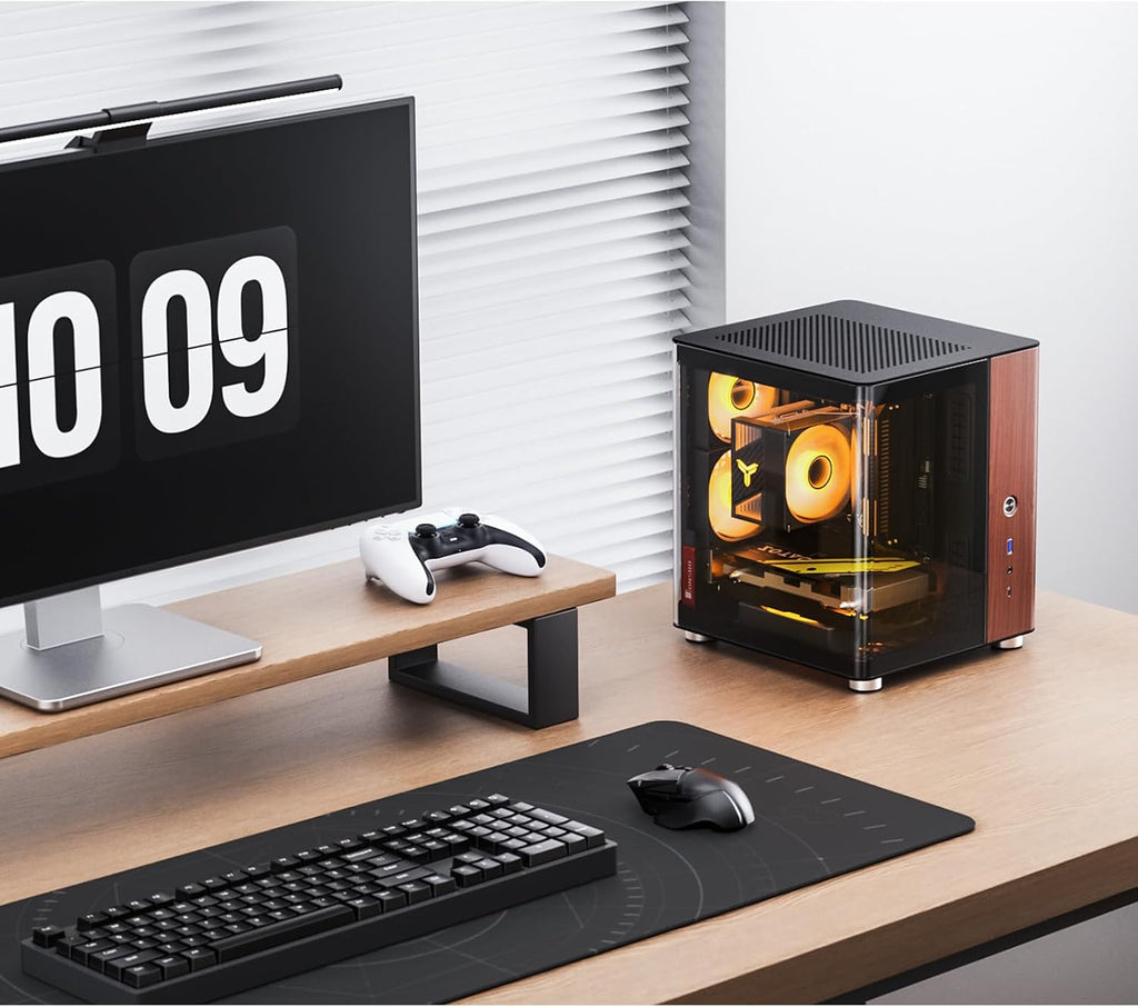 JONSBO TK-0 Black ITX Mini Tower PC Case, Hyperboloid Glass Desktop Design,Separated Cabinet Structure, Al Alloy Shell DTX/ITX Walnut Wood Computer Case, Sff Case,Black