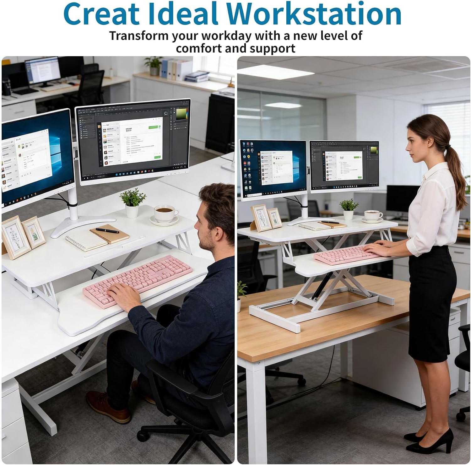 Standing Desk Converter, Height Adjustable Sit to Stand Riser, Dual Monitor and Laptop Workstation with Wide Keyboard Tray, Desk Lifter for Home Office