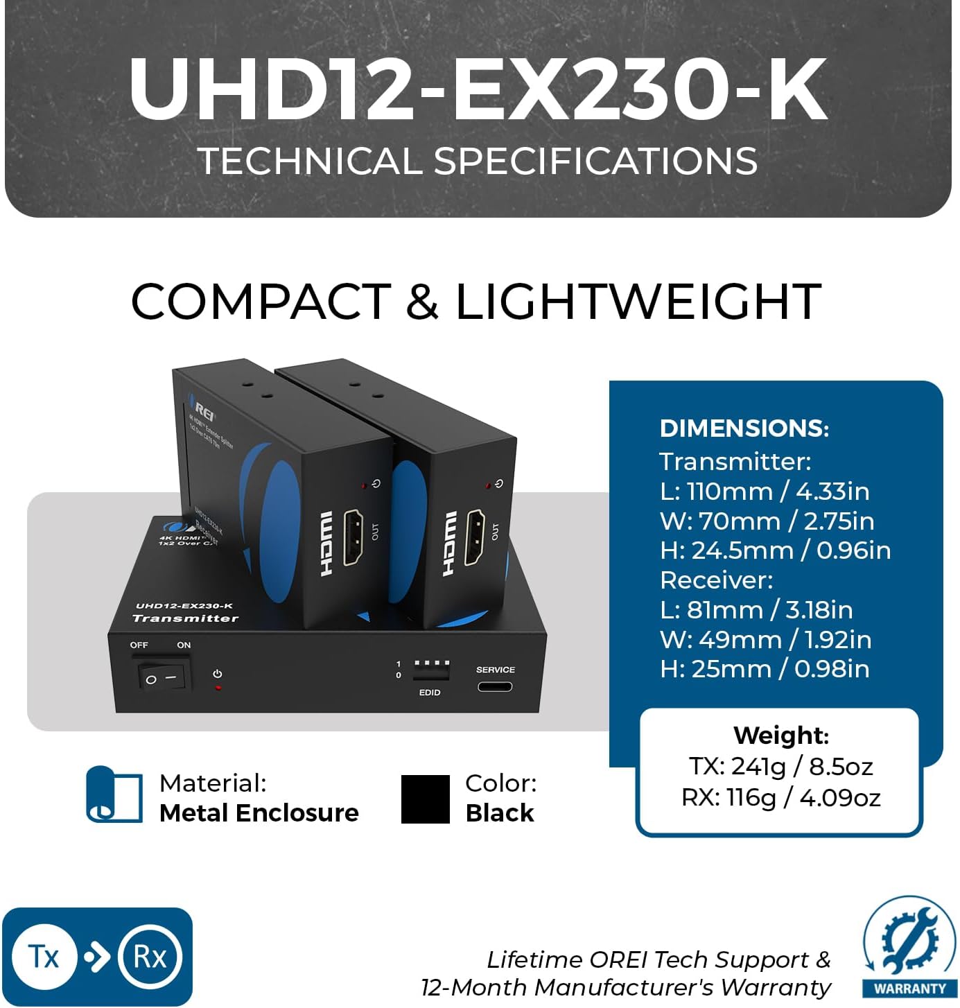 OREI 1×2 HDMI Extender Splitter Over Ethernet – 4K@60Hz 4:4:4 HDCP 2.2 – Single HDMI CAT6/7 Cable up to 230 ft – EDID Management, IR Control, Loop-Out & Low Latency