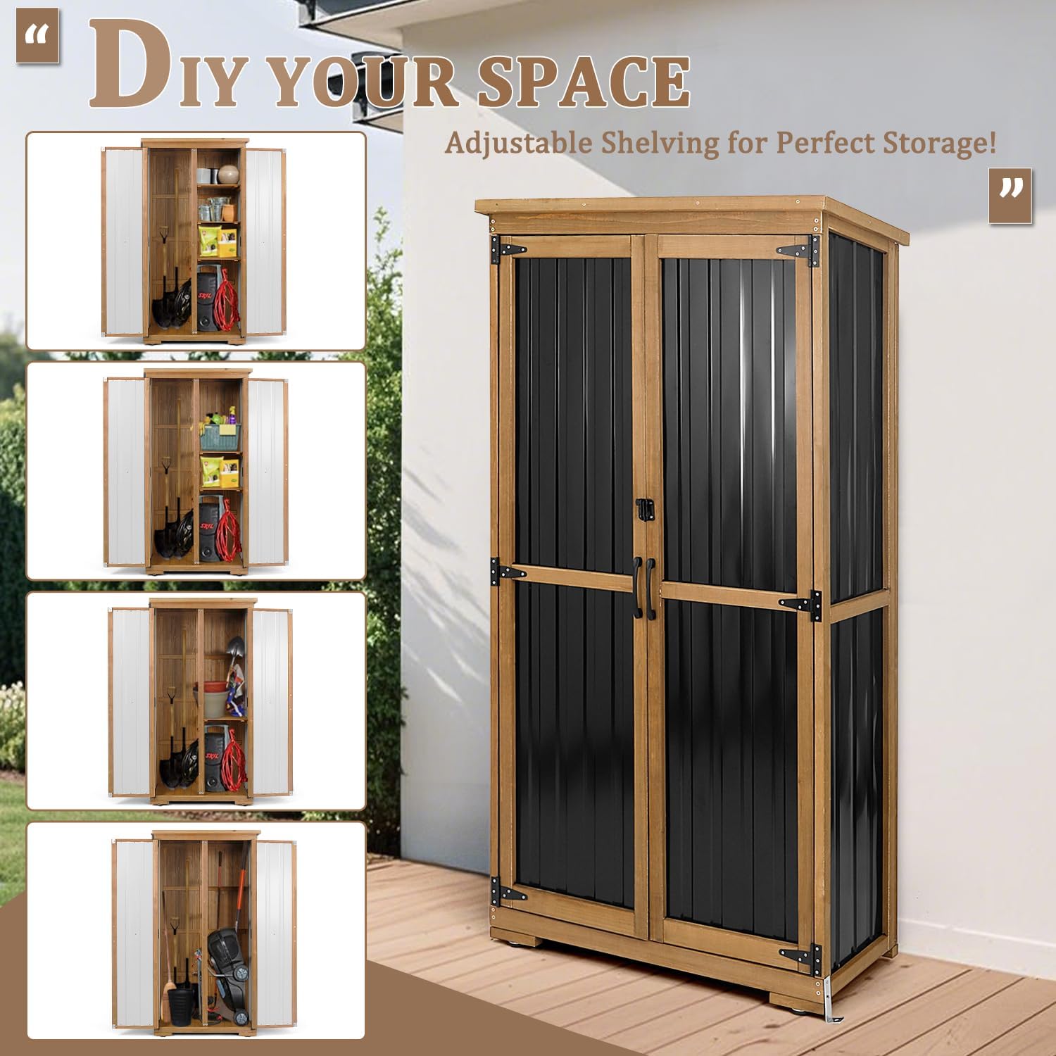PetsCosset Outdoor Storage Cabinet, Wood & Metal Storage Shed with Weather-Resistant Roof, Removable Shelves, Lockable Doors, Outside Storage Tool Organizer for Garden, Patio, Backyard, Garage, Pool