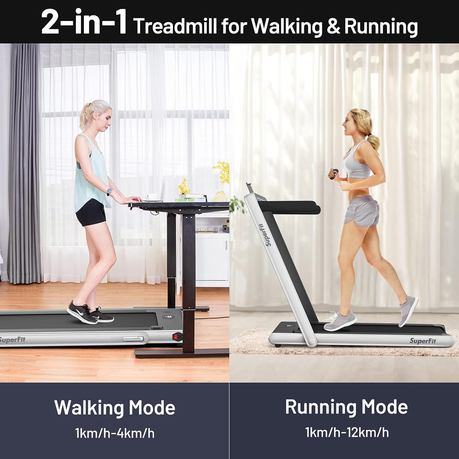Goplus 2 in 1 Folding Treadmill with Dual Display, 2.25HP Superfit Under Desk Electric Pad Treadmill, Installation-Free, Blue Tooth Speaker, APP Control, Remote Control, Walking Jogging for Home
