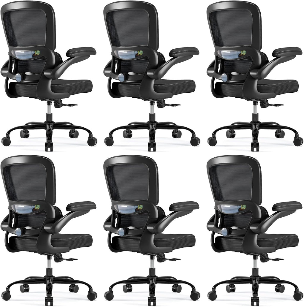 TRALT Ergonomic Office Chair - Desk Chair with Adjustable Headrest Lumbar Support Computer Chair - Mesh Comfy Chair with Flip-up Armrests - Gaming Chair for Adults Home Office PU, Black, Pack of 6