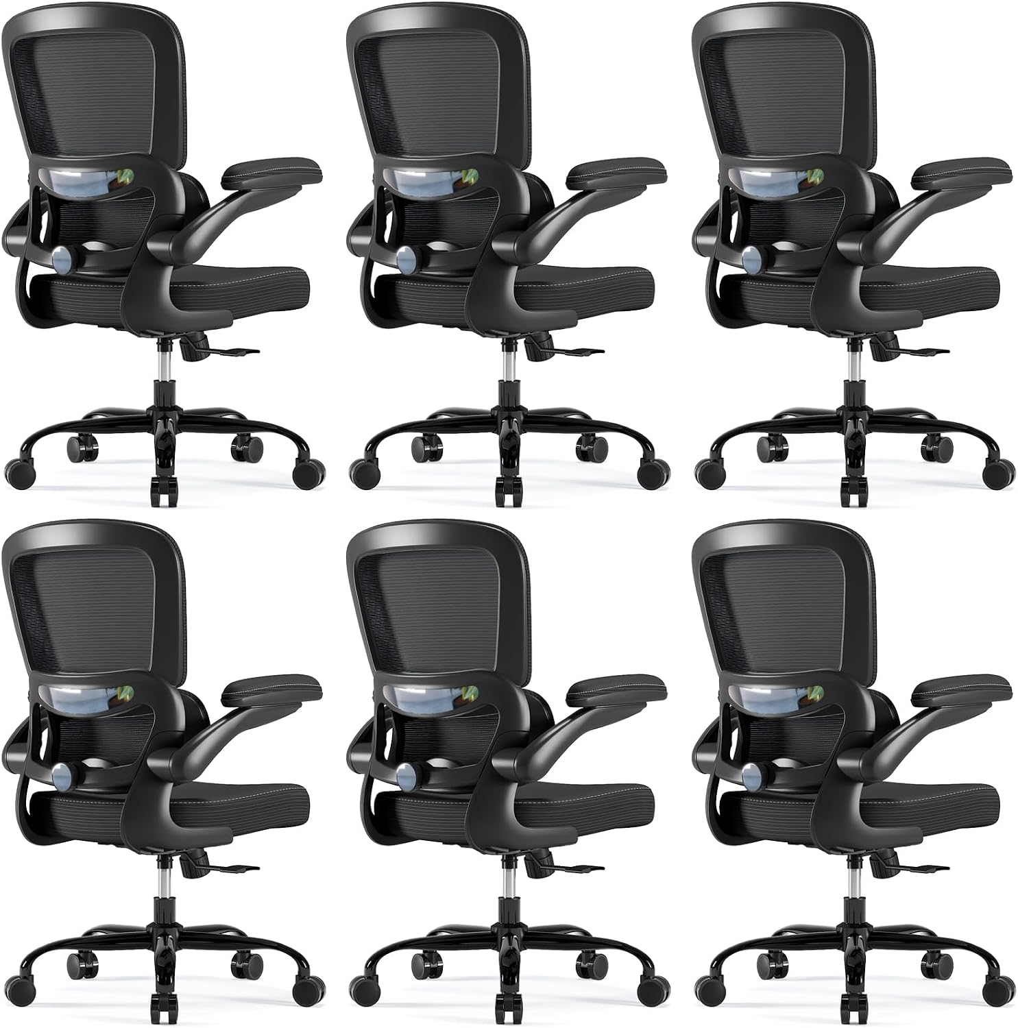 TRALT Ergonomic Office Chair - Desk Chair with Adjustable Headrest Lumbar Support Computer Chair - Mesh Comfy Chair with Flip-up Armrests - Gaming Chair for Adults Home Office PU, Black, Pack of 6
