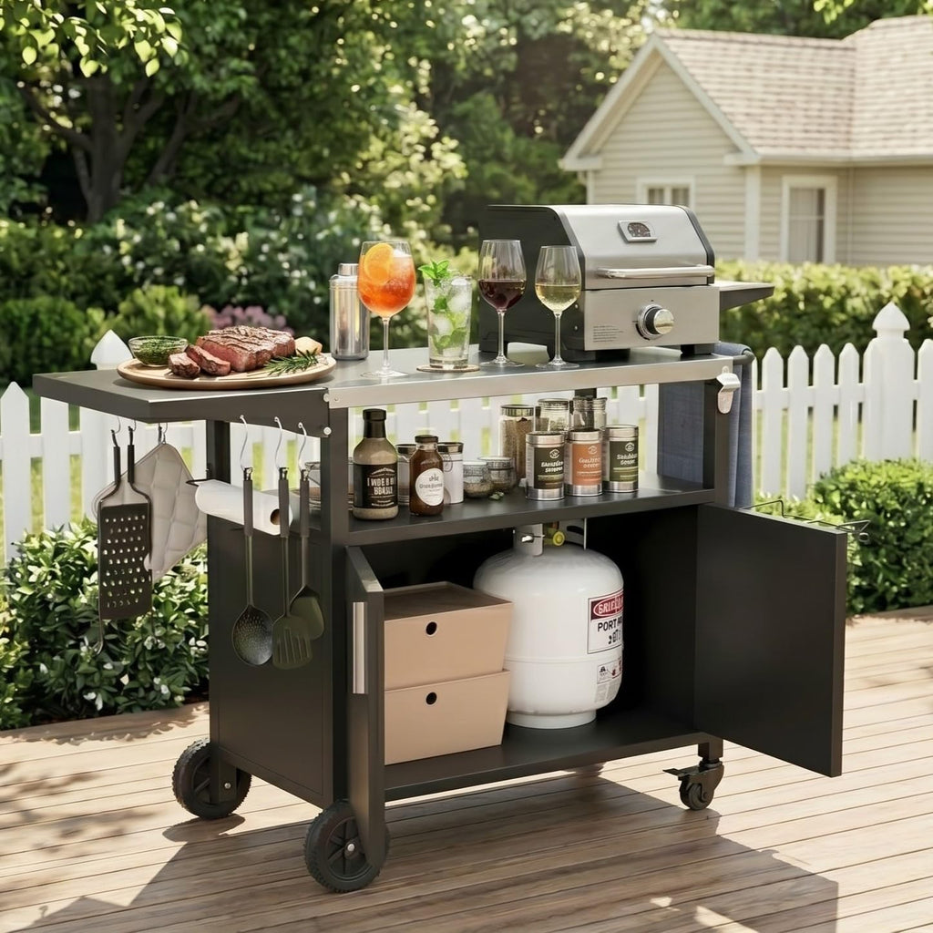Vongrasig Outdoor Grill Cart, Patio Kitchen Island with Storage, Outdoor Bar Table BBQ Cart Pizza Oven Table with Foldable Stainless Steel Top & Wheels, Black