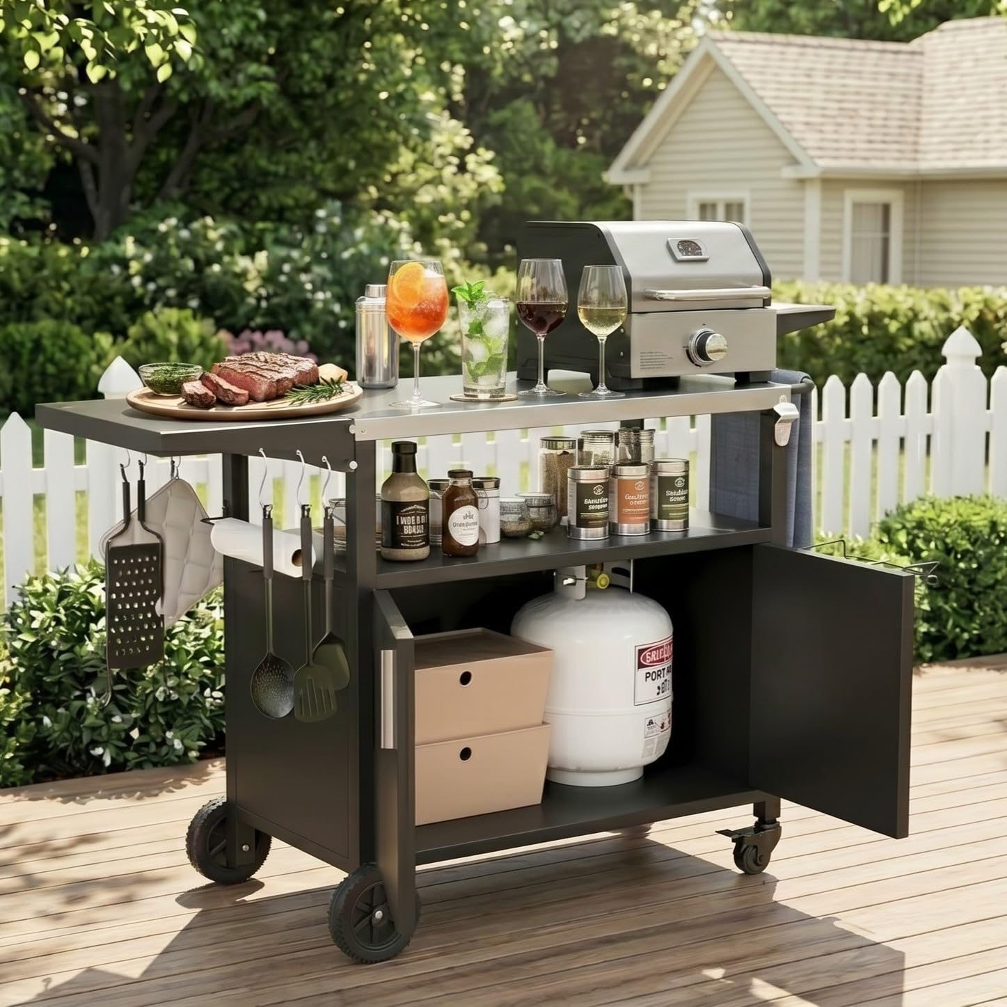 Vongrasig Outdoor Grill Cart, Patio Kitchen Island with Storage, Outdoor Bar Table BBQ Cart Pizza Oven Table with Foldable Stainless Steel Top & Wheels, Black