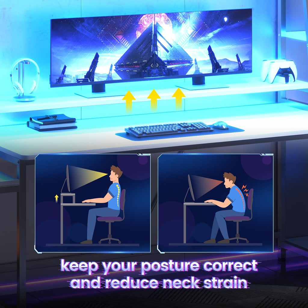 SEDETA White Gaming Desk 78.8'' with LED Lights, Hutch and Storage Shelves, Computer Desk with Monitor Stand, Large PC Gamer Desk Workstation, Ergonomic Gaming Table for Bedroom, Living Room
