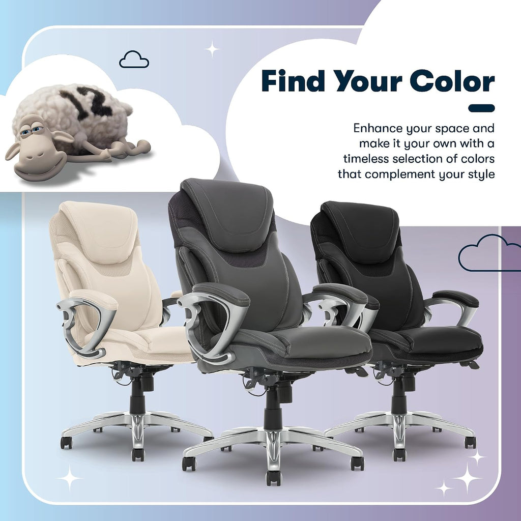 Serta Bryce Executive Office Chair - Ergonomic Computer Desk Chair with Patented AIR Lumbar Technology - Adjustable Height - Memory Foam Body Pillows - 360° Swivel Rolling Base - Bonded Leather - Gray