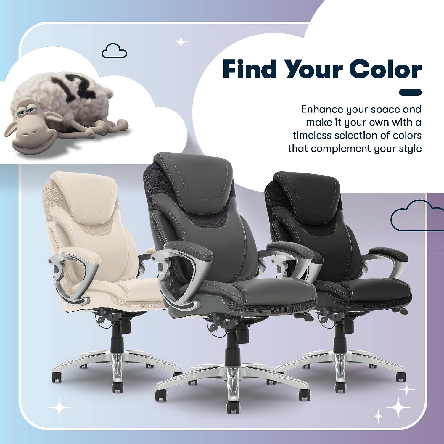 Serta Bryce Executive Office Chair - Ergonomic Computer Desk Chair with Patented AIR Lumbar Technology - Adjustable Height - Memory Foam Body Pillows - 360° Swivel Rolling Base - Bonded Leather - Gray
