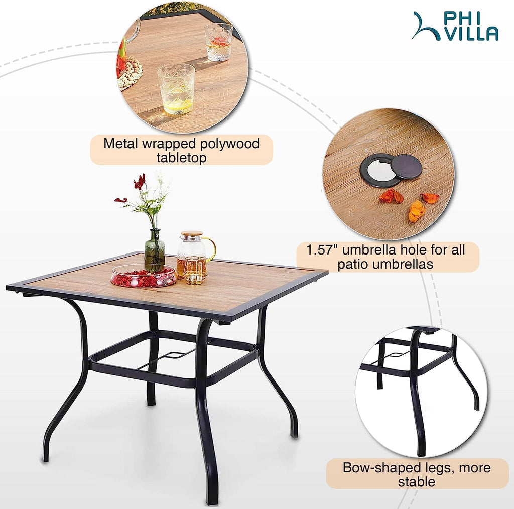 PHI VILLA 5 Pieces Outdoor Dining Set for 4, 37' Square Metal Table with Polywood Top & Stackable Wrought Iron Chairs, Outside Furniture Set for Patio, Deck, Backyard, Porch
