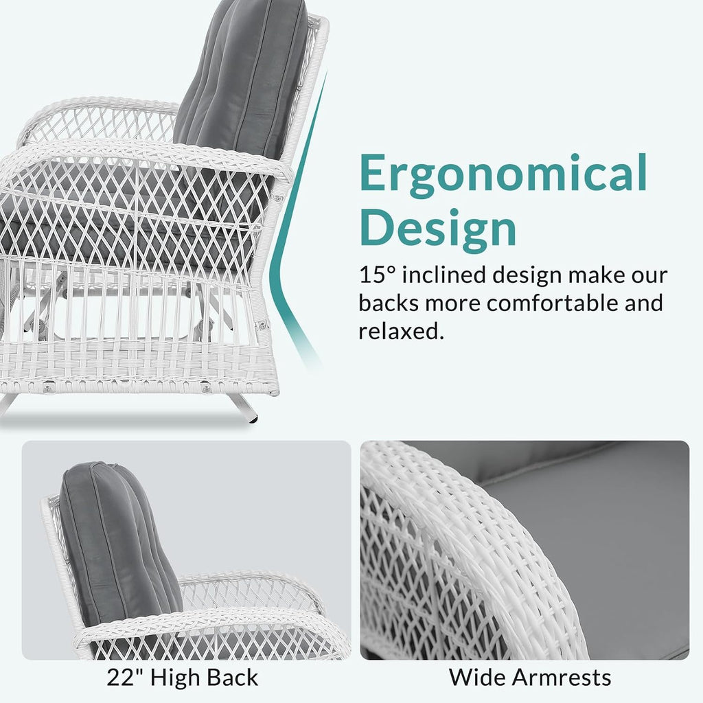 MEETWARM Outdoor Wicker Patio Glider Set, Loveseat for 2 Person Porch Furniture Glider with Glass-Top Coffee Table, Patio Glider Rocking Bench with Thickened Cushions, White Wicker/Grey