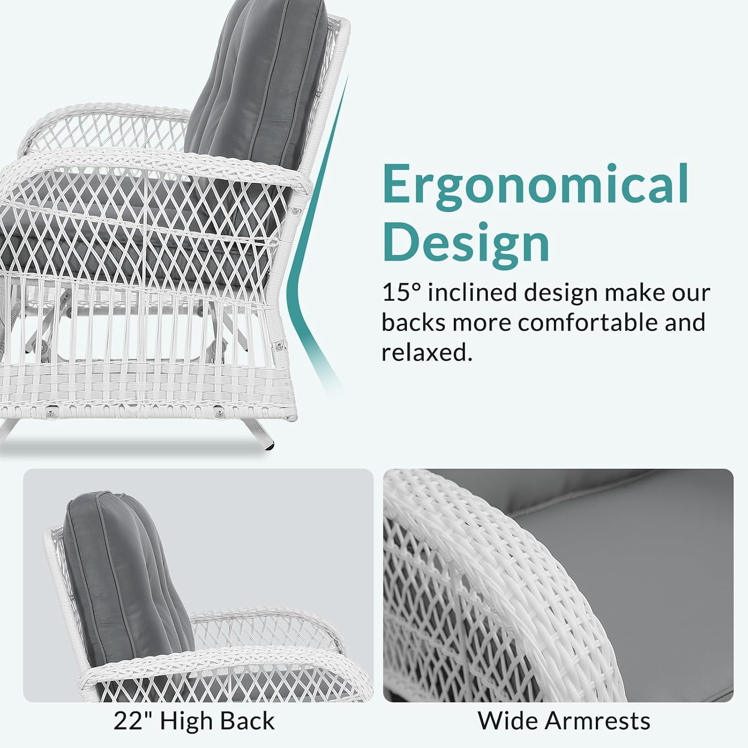 MEETWARM Outdoor Wicker Patio Glider Set, Loveseat for 2 Person Porch Furniture Glider with Glass-Top Coffee Table, Patio Glider Rocking Bench with Thickened Cushions, White Wicker/Grey