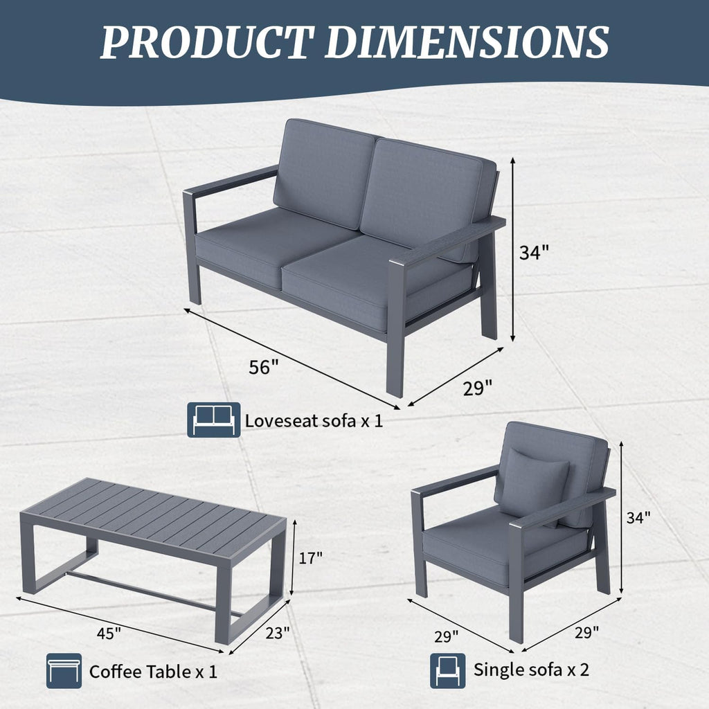 Aluminum Patio Furniture Set, Modern Metal Outdoor Conversation Sectional Sofa with Washable Thick Cushions, Coffee Table and Waterproof Cover (Grey, 1088-4seat)