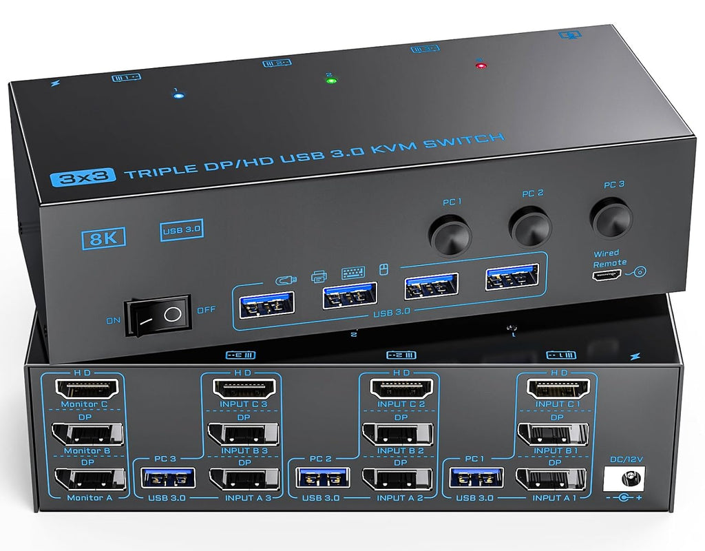 KVM Switch 3 Monitors 3 Computers, ANXQQ 8K@60Hz 4K@144Hz Triple Monitor KVM, HDMI + Displayport KVM Switch with 4 USB 3.0 Ports, 3 Monitor KVM with Power Adapter and Wired Remote