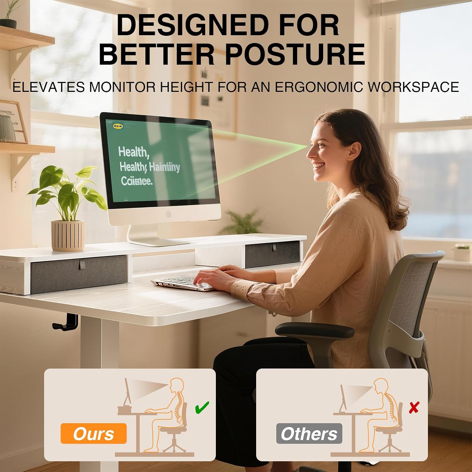 Veken 47.2'×27.6' Home Office Standing Desk with Monitor Riser, Adjustable Computer Desk with Drawers, Ergonomic Desk for Work, Study, Gaming, Crafting, White