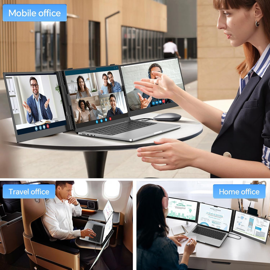 POTTMACEE 14.2'' Triple Laptop Screen Extender, 0.17' Ultra-Slim FHD 1080P Portable Monitor for Laptop, Tri-Screen Travel Monitor Extender, Plug-Play for Windows/Mac/Chrome, Fit 13'-17.3' Laptops