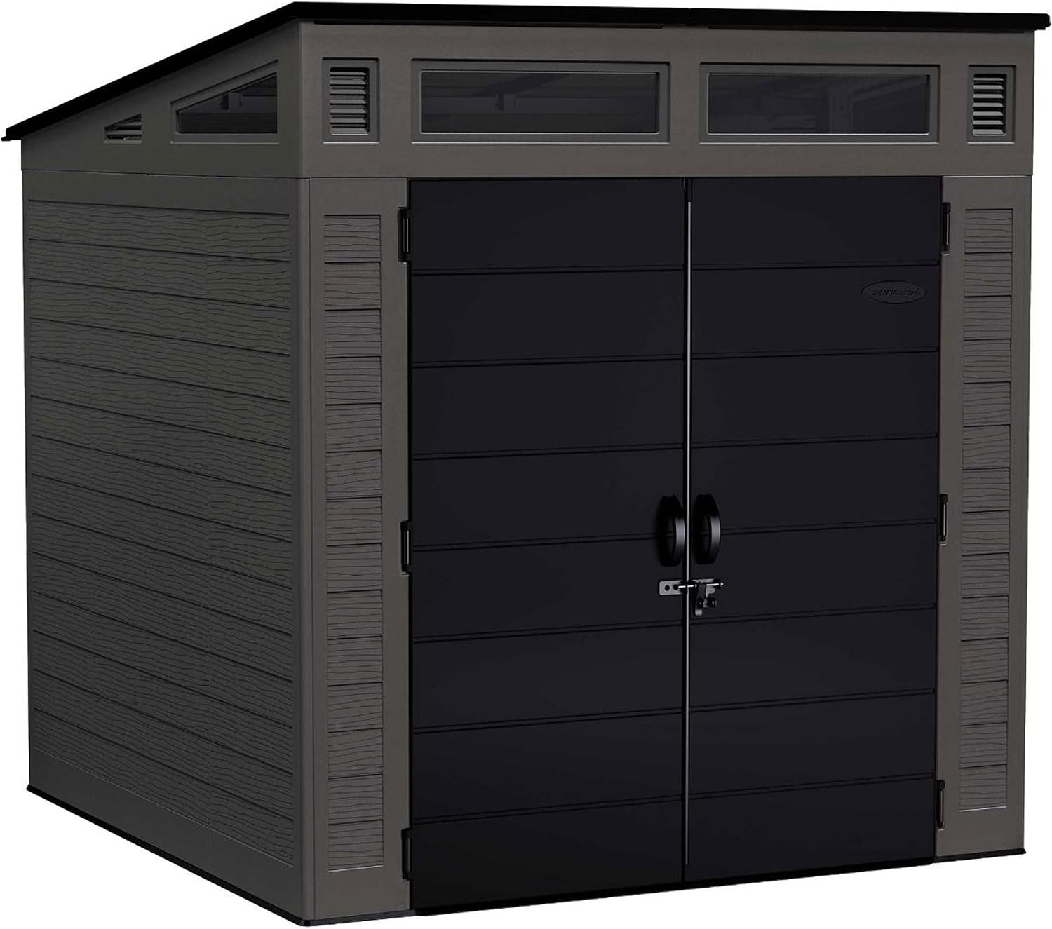 Suncast Modern Outdoor Storage Shed, 200 cu. ft. Peppercorn Resin Shed for Lawn Mower, Bikes, Utility Tools, Patio, & Yard. Weatherproof & Lockable Modern Sheds & Outdoor Storage, Made in USA