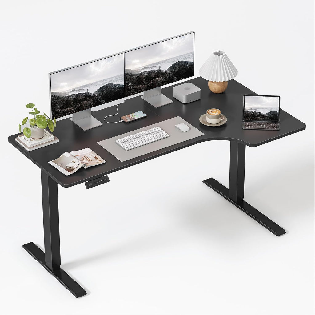 FEZIBO L Shaped Electric Corner Standing Desk, 55×32 inch Home Office & Computer Height Adjustable Table with 4 Memory Height Settings, Ergonomic Sit and Stand Desk with Splice Board, Black Top