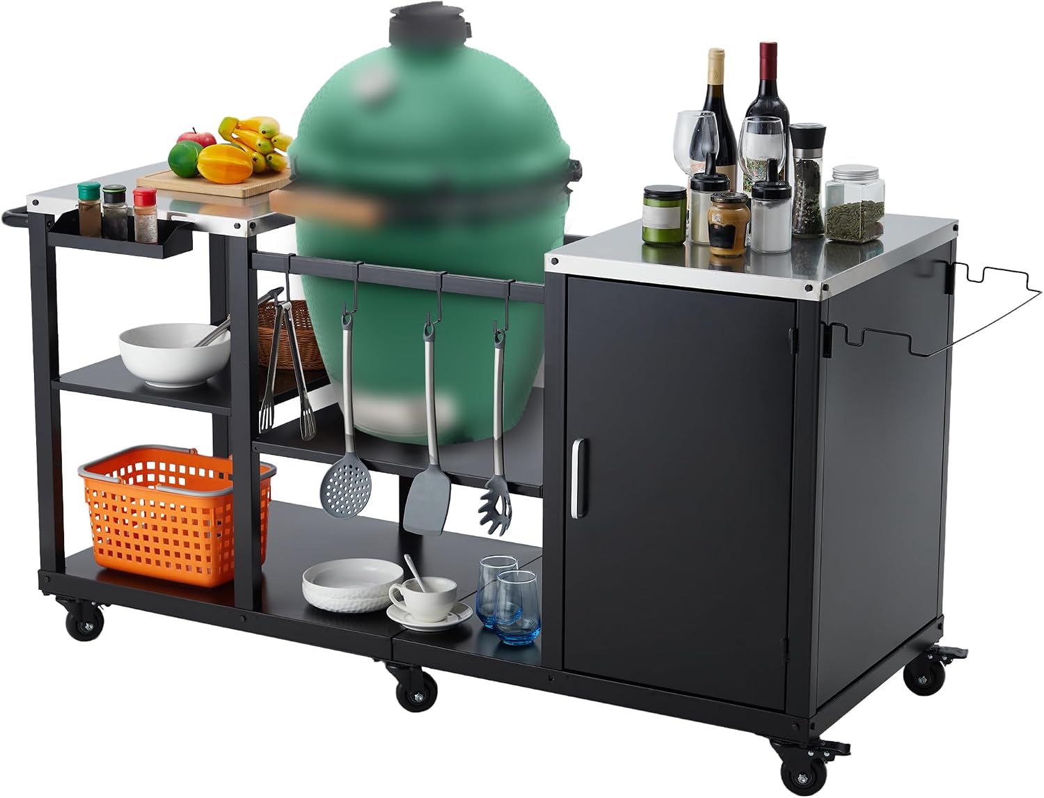 Grill Table Cart Compatible with Big Green Egg, Heavy-Duty Metal Grill Stand with Stainless Steel Side Tables, Storage Shelf, Hooks, Spice Rack, Paper Towel Holders & Garbage Bag Rack