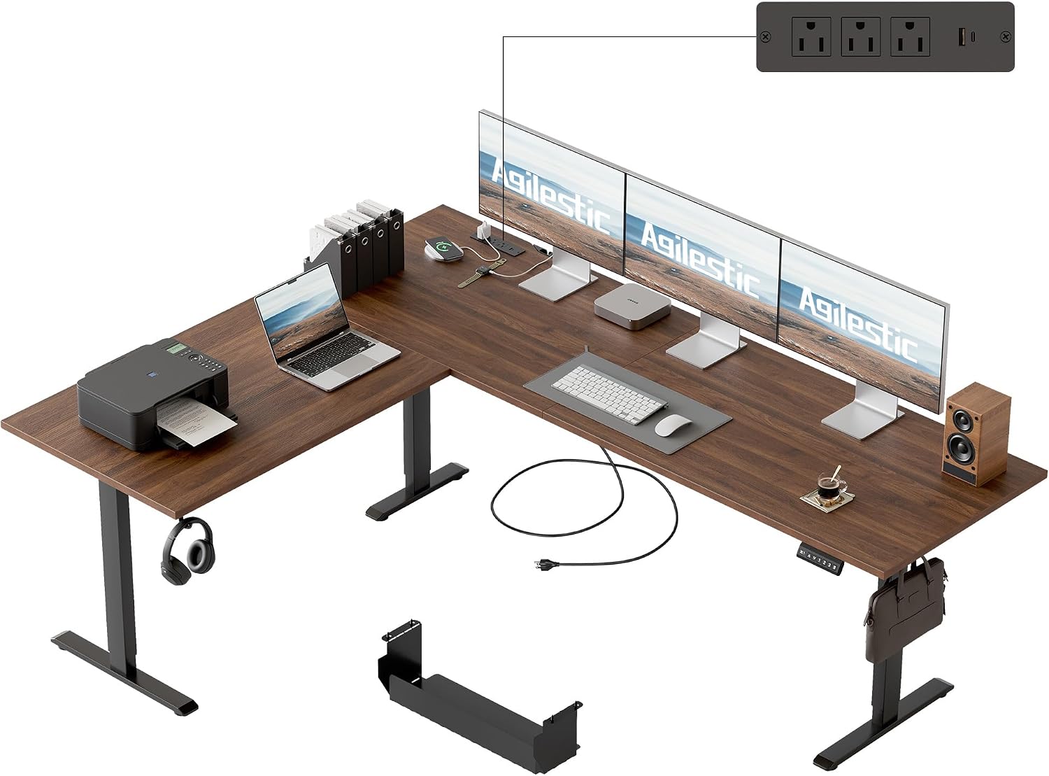 Agilestic Electric L Shaped Standing Desk 75 x 61 Inch with Power Outlet, Height Adjustable Corner Stand up Desk with Cable Management,Sit Stand Home Office Workstation with Splice Board, Dark Walnut