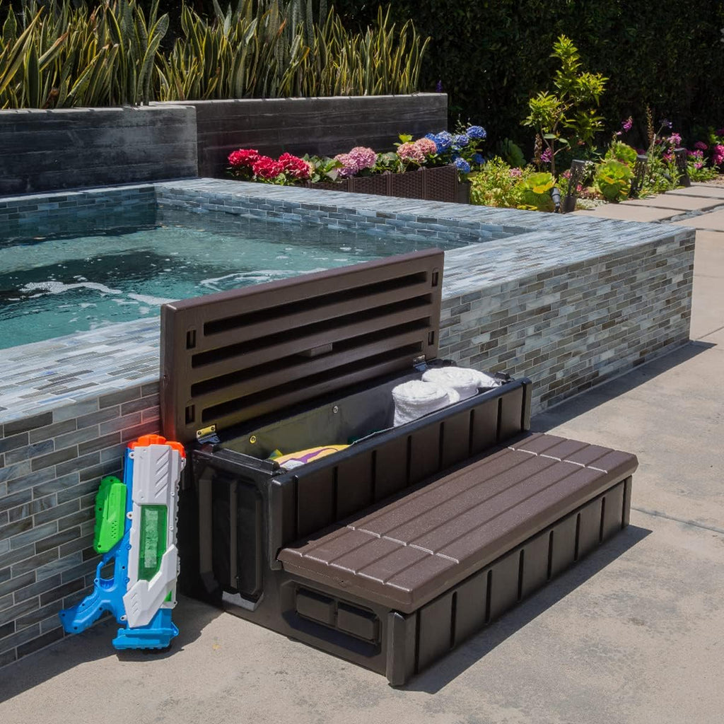 XtremepowerUS Universal 2 Slip-Resistant Spa & Hot Tub Step Outdoor Indoor Stool Pool Ladder Compartment Spa Step 36' Inches Long with Storage, Brown/Black