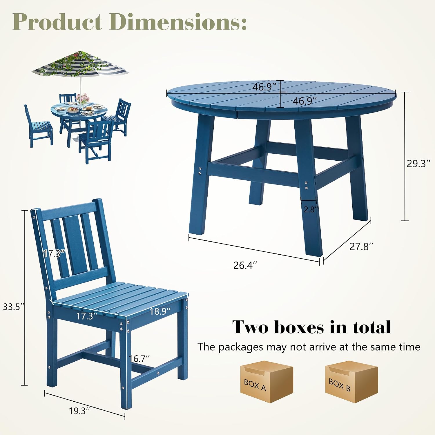 AMERLIFE 5 Piece HDPE Outdoor Dining Table & Chairs Set, All-Weather Patio Table and Chairs Set Furniture with Umbrella Hole for Garden, Backyard, Poolside, Seaside, Blue