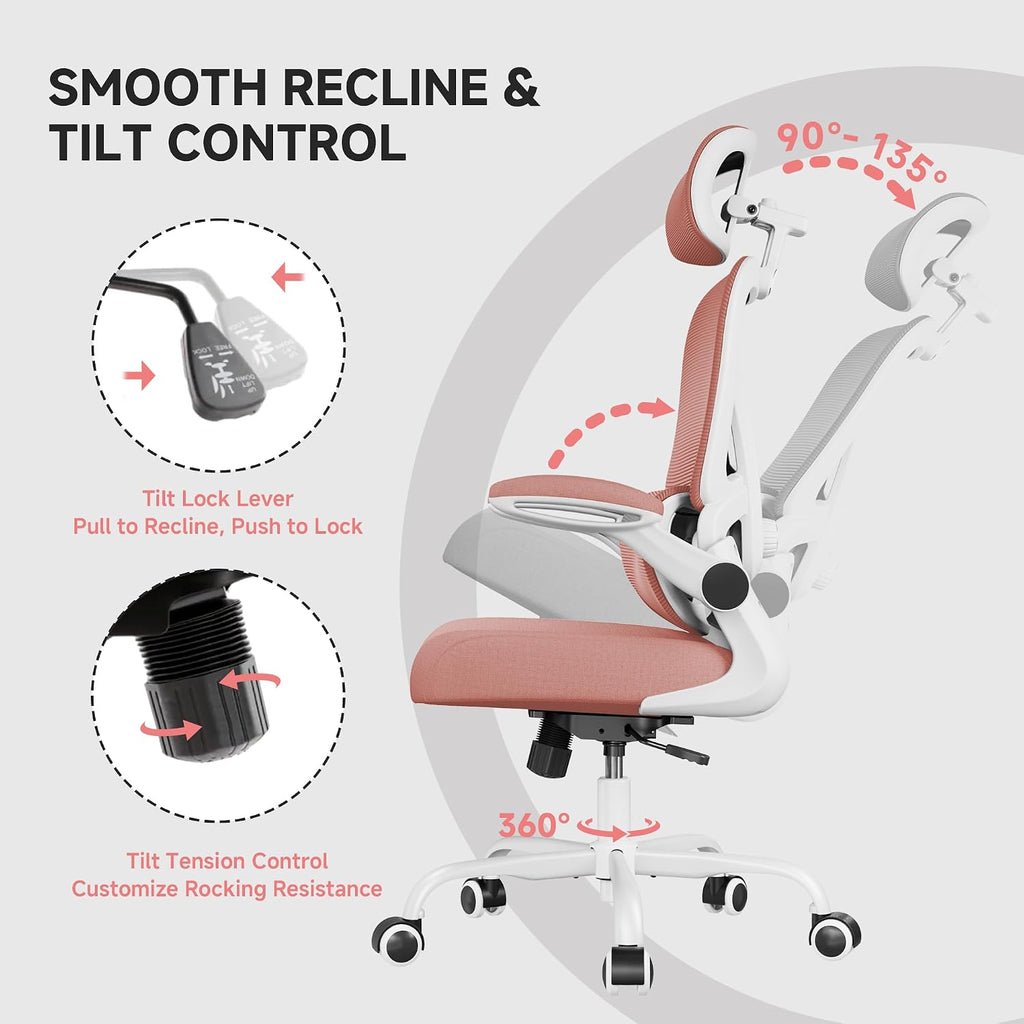 Ergonomic Office Chair, 330LBS Desk Chair with 3-Level Lumbar Support & Headrest, Breathable Mesh Backrest, Flip-Up Armrests for Home Office and Gaming, Pink