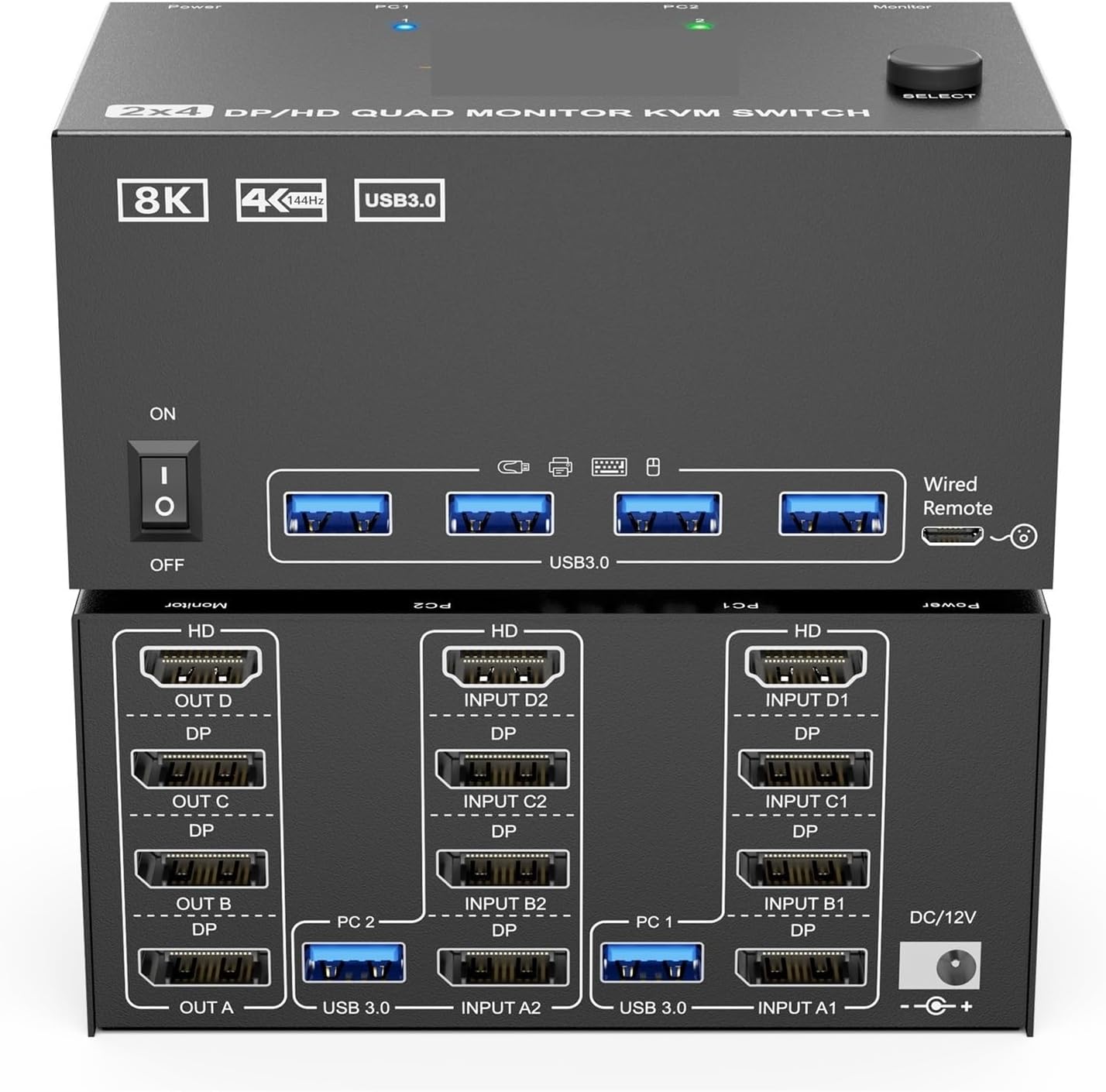 KVM Switch 4 Monitors 2 Computers,USB 3.0 HDMI+DisplayPort Four Monitor KVM for 2 PC Share 4 Display 4USB(204 2H2D)