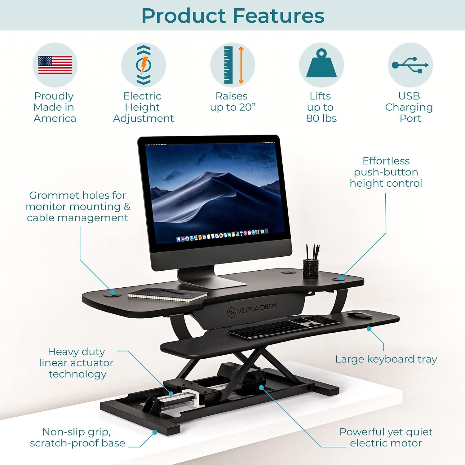VERSADESK® PowerPro™ 40' x 24' Standing Desk Converter | 40 inch Electric Height Adjustable Sit to Stand Desk Riser w/ Keyboard Tray & USB Hub - Ergonomic Workstation for Home & Office, Black