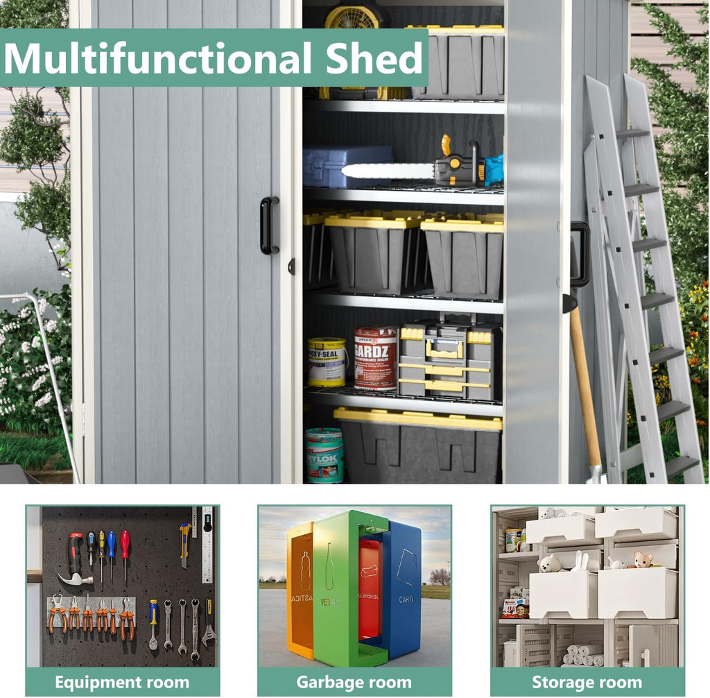 Aoxun Outdoor Storage Shed 5 x 3FT, Resin Shed with Floor and Lockable Door, Plastic Sheds for Garbage Can, Tool, Accessories, Lawn, Garden - Grey